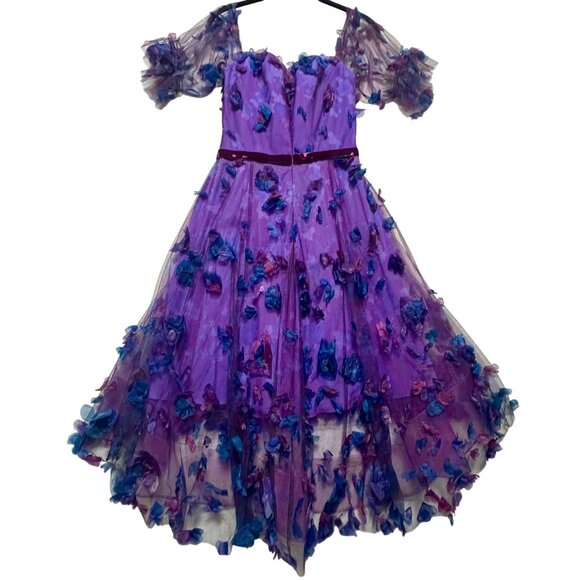 Marchesa Notte Purple & Blue 3D Floral Tulle Off-Shoulder Cocktail Dress Size 4 - Picture 3 of 12
